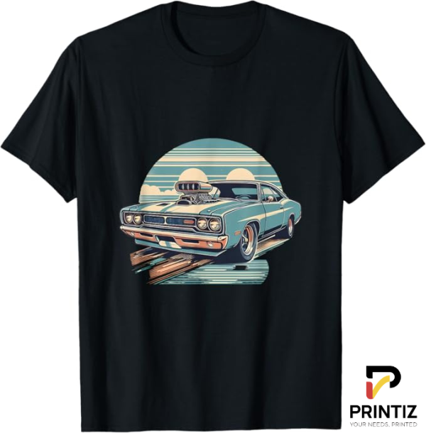 PRINTIZ Retro Muscle Car Sunset TShirt Freesize Subtitle: Vintage Ride Beach Vibes Tee, Perfect for Summer and Car Lovers