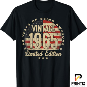 PRINTIZ Vintage Classic 1965 T-Shirt – Retro Birthday Tee, Timeless Style for a Timeless Year, Freesize