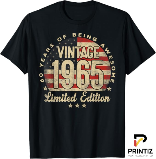 PRINTIZ Vintage Classic 1965 T-Shirt – Retro Birthday Tee, Timeless Style for a Timeless Year, Freesize
